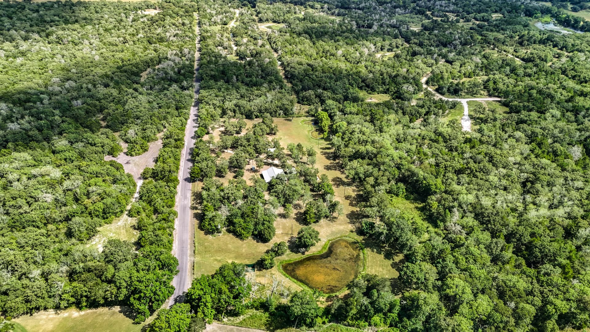 Aerial view of the tree-lined road approach and pond on the property